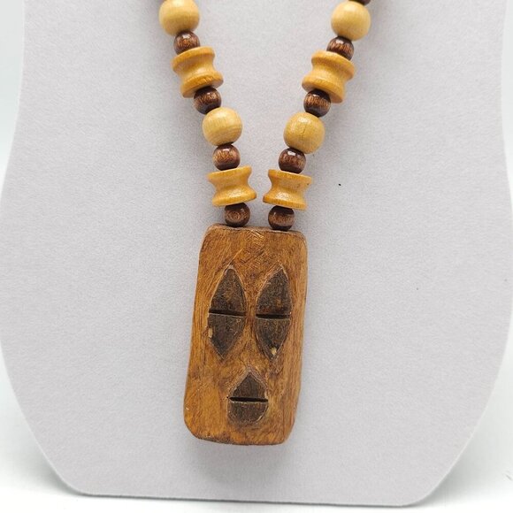 Handmade Wooden Beaded Necklace With Carved Tribal Pendant No Clasp - Picture 2 of 8